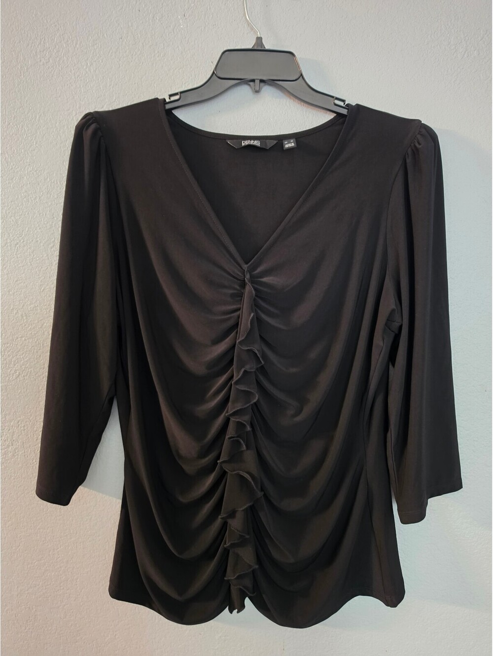 Dennis by Dennis Basso Black Ruffle Front V-Neck Top XL